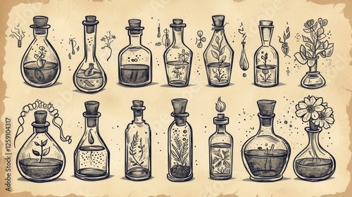 A collection of vintage potion bottles filled with plants and herbs, hand-drawn on aged parchment. The intricate detailing gives a mystical and alchemical feel to the artwork. AI generated.