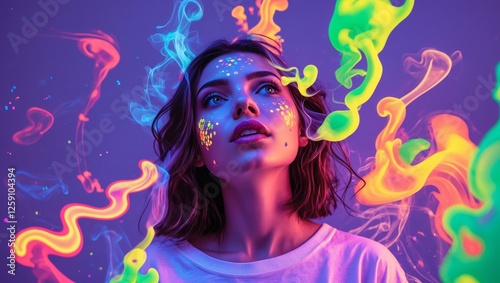 Colorful smoke swirls around a woman with luminous face art, creating a captivating atmosphere of art and expression photo