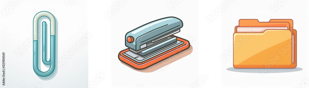Three office items are displayed: a blue paperclip, a grey stapler with an orange base, and an orange file folder, all on a white backdrop. Three office items are displayed: a blue paperclip, a grey stapler with an orange base, and an orange file folder, all on a white backdrop.