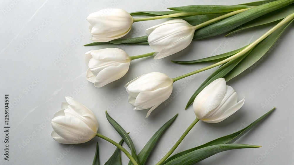 Beautiful composition of spring flowers. Bouquet of white tulips on a light grey background. Mother's Day, Valentine's Day, Wedding flowers, Spring celebration, Flat lay, top view, copy space. Beautiful composition of spring flowers. Bouquet of white tulips on a light grey background. Mother's Day, Valentine's Day, Wedding flowers, Spring celebration, Flat lay, top view, copy space.
