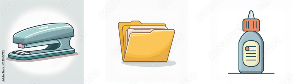Description: Three essential office icons: a blue stapler for binding papers, a yellow folder for file organization, and a glue bottle for adhesive tasks. Description: Three essential office icons: a blue stapler for binding papers, a yellow folder for file organization, and a glue bottle for adhesive tasks.