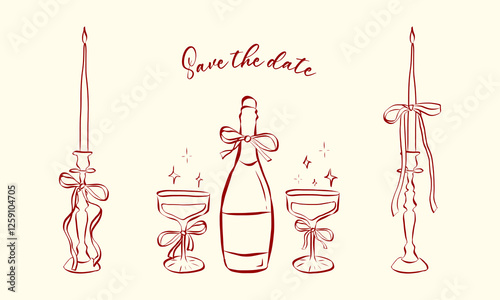 Hand drawn coquette aesthetics elements. Vintage cute symbols with ribbon and bow in simple crayon and sketch style. Trendy art for Valentine day and wedding invitations. Outline vector illustration