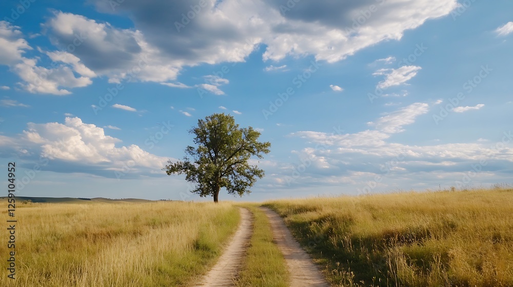 Serene dirt path leading through golden grass field under bright blue sky with fluffy white clouds : Generative AI Serene dirt path leading through golden grass field under bright blue sky with fluffy white clouds : Generative AI