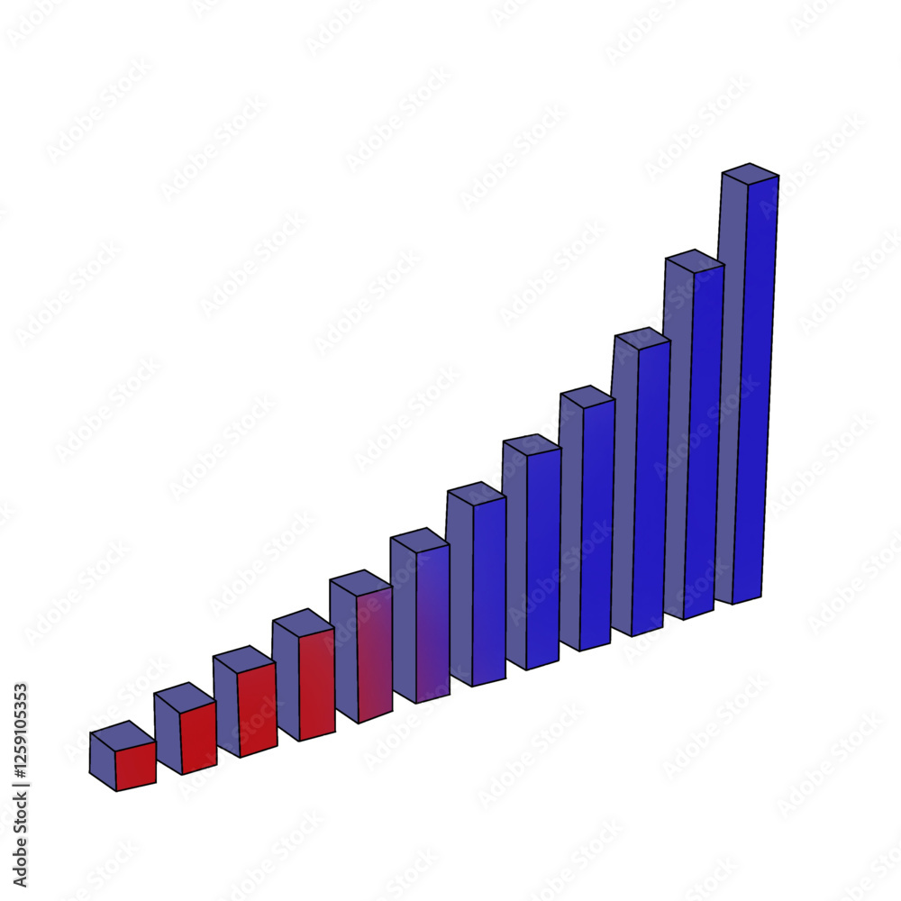 Steady growing bar graph. Vector illustration with red and blue gradations. Bar graph isolated on white. Steady growing bar graph. Vector illustration with red and blue gradations. Bar graph isolated on white.