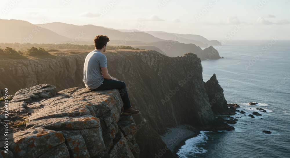 A solitary figure contemplates life’s struggles and dreams while standing on a distant cliff.
A solitary figure contemplates life’s struggles and dreams while standing on a distant cliff.
