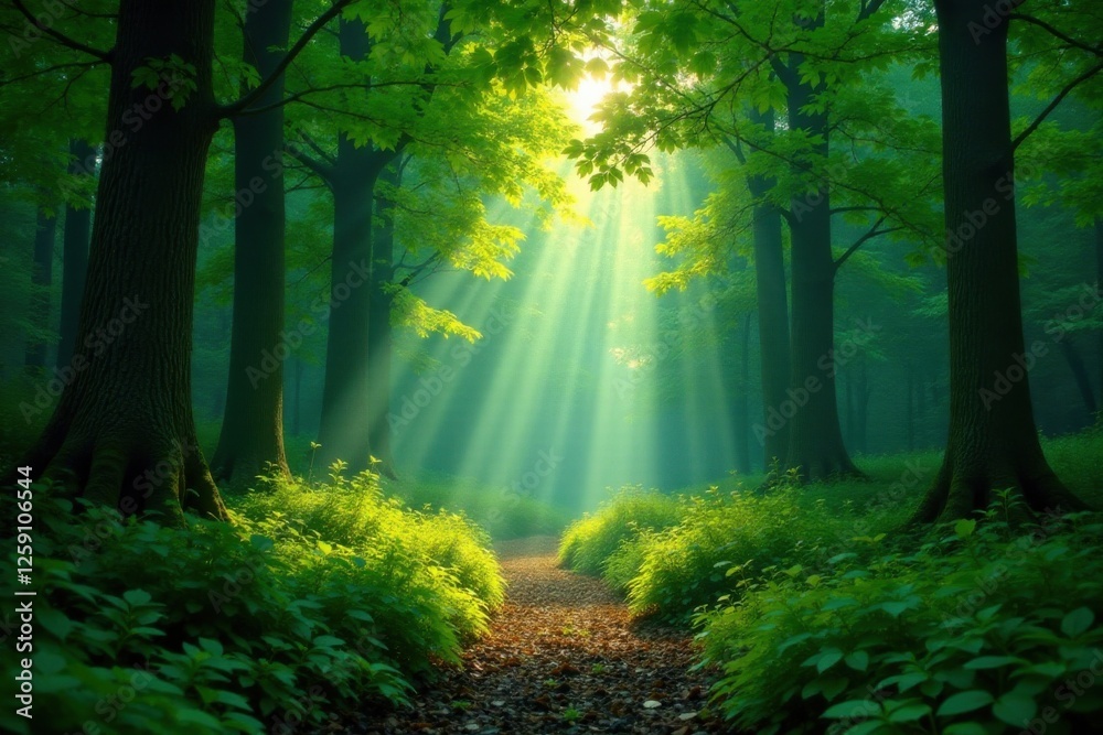 Obraz premium Dense foliage and towering trees create a sense of depth and dimensionality, as dappled sunlight illuminates the forest floor, sunlit forest, wooded landscape, forest lighting