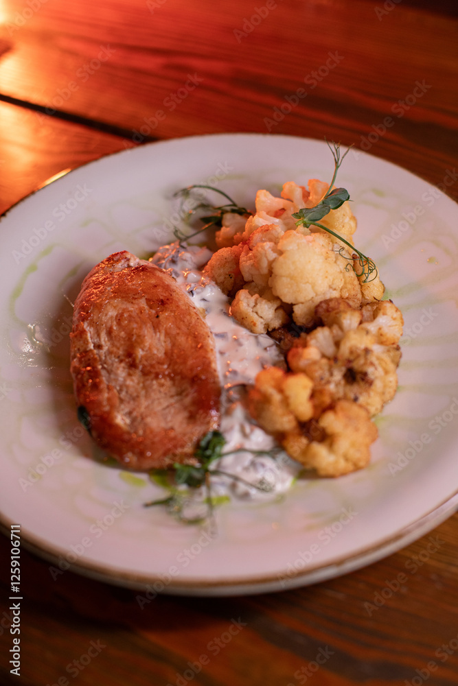 Baked turkey and cauliflower are a delicious dish on the menu at the restaurant. A beautiful and delicious photo for a menu, culinary website, or an advertisement for catering establishments. Baked turkey and cauliflower are a delicious dish on the menu at the restaurant. A beautiful and delicious photo for a menu, culinary website, or an advertisement for catering establishments.