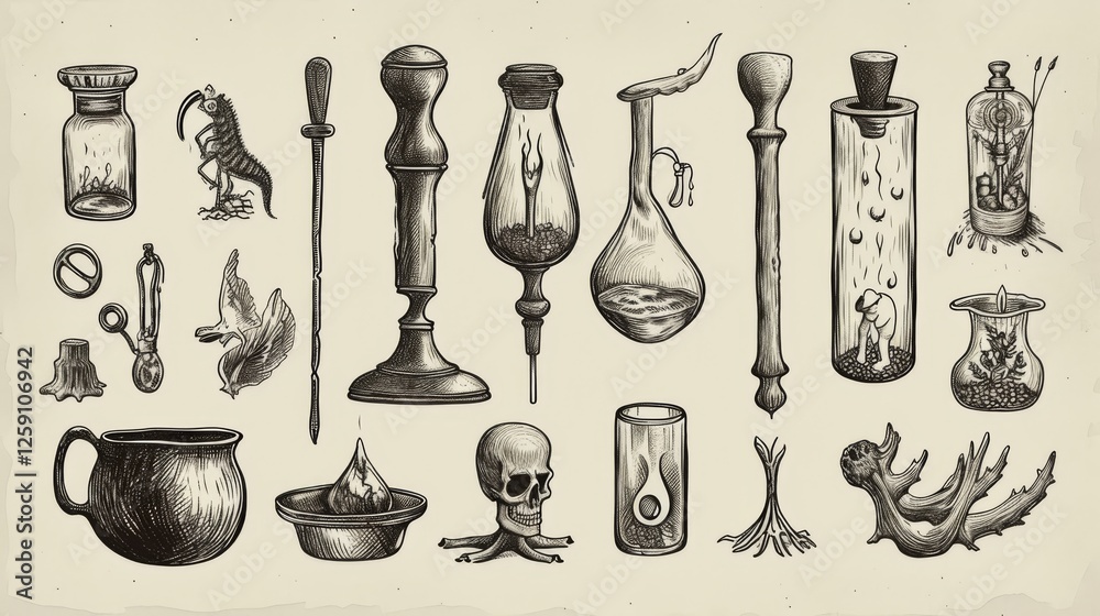 A detailed black-and-white illustration of vintage alchemy tools, glassware, and mystical artifacts. The intricate drawing evokes an antique and mysterious atmosphere. AI generated.