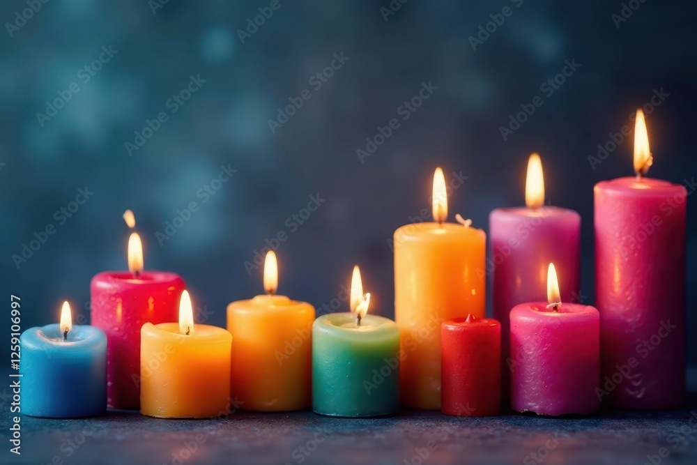 Many colorful candles glow on a textured backdrop, anniversary, colorful Many colorful candles glow on a textured backdrop, anniversary, colorful