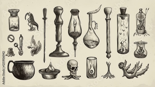 Obraz na płótnie A detailed black-and-white illustration of vintage alchemy tools, glassware, and mystical artifacts. The intricate drawing evokes an antique and mysterious atmosphere. AI generated. w salonie