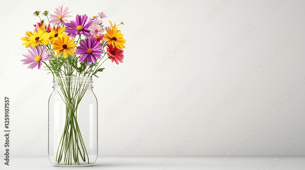Vibrant Wildflower Bouquet in a Clear Glass Jar Against a Minimalist White Background, Evoking Freshness and Natural Beauty Vibrant Wildflower Bouquet in a Clear Glass Jar Against a Minimalist White Background, Evoking Freshness and Natural Beauty