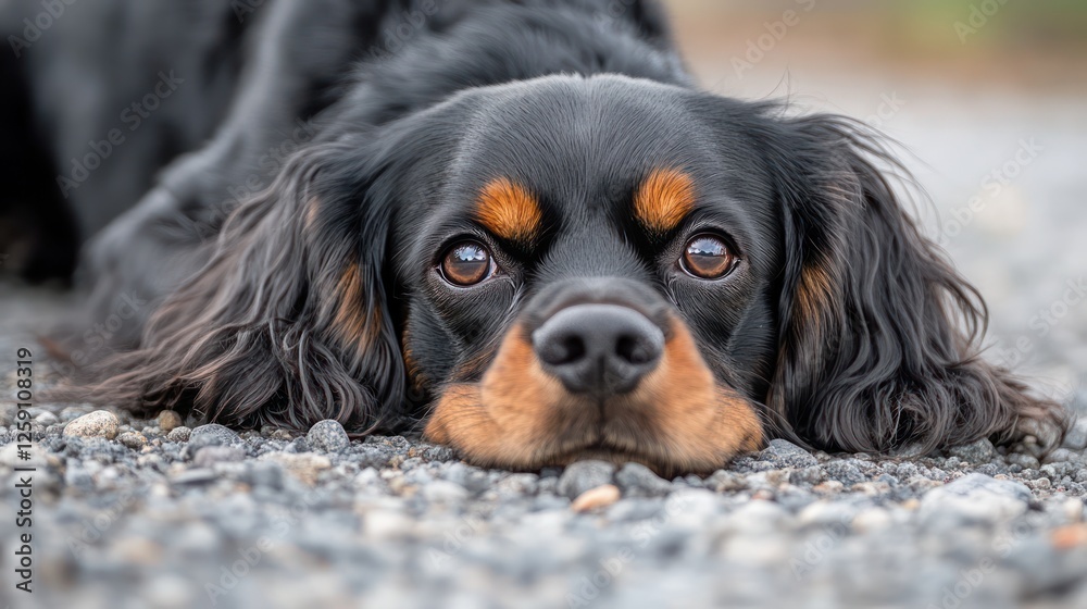 Adorable Black Cavalier King Charles Spaniel Resting on Gravel Adorable Black Cavalier King Charles Spaniel Resting on Gravel