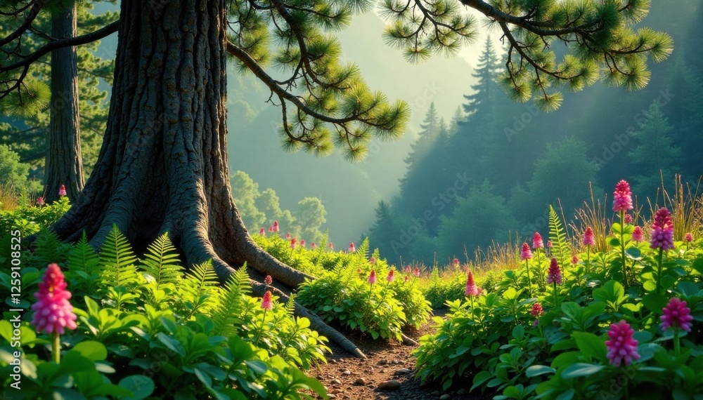 Fototapeta premium Ferns and wildflowers under towering pine tree, nature, ferns, flowers