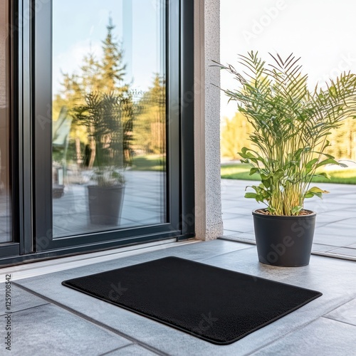 Modern Home Entrance with Black Doormat and Plant