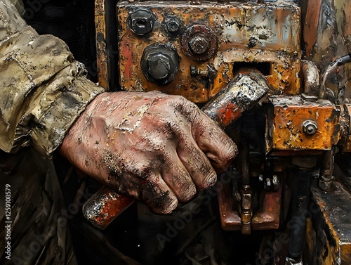 A close-up of a worker's hand gripping a rusty lever on a heavy machinery, showcasing the wear and tear of labor photo