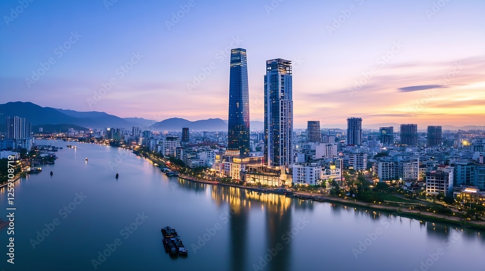 Naklejka premium Stunning Cityscape at Dusk Featuring Modern Skyscrapers and Reflective Water in Vietnam : Generative AI