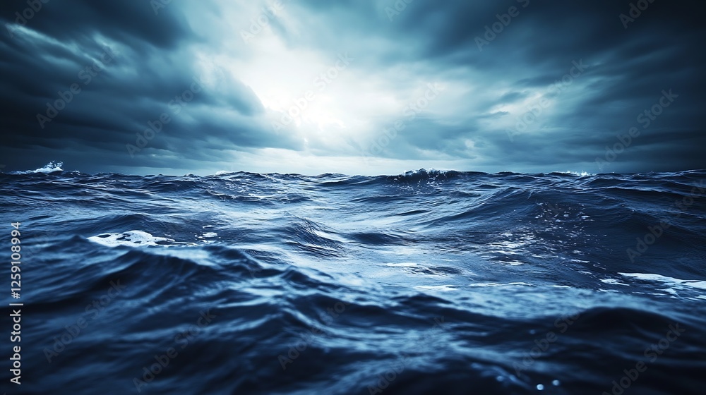 Fototapeta premium Stormy Ocean Waves Under Dramatic Cloudy Sky at Dusk : Generative AI