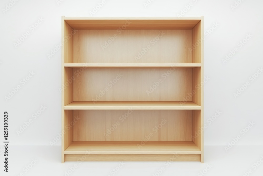 Empty light brown wooden three-shelf bookcase against white wall Empty light brown wooden three-shelf bookcase against white wall