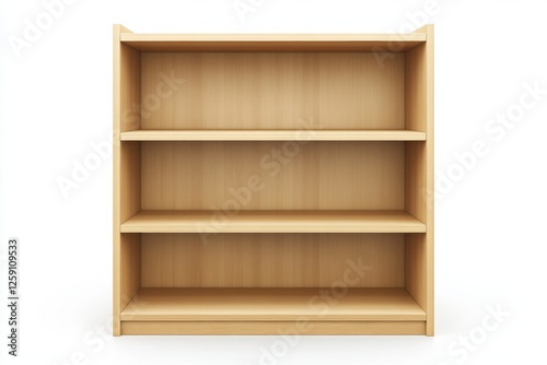 Empty light wood three-shelf bookcase against white background