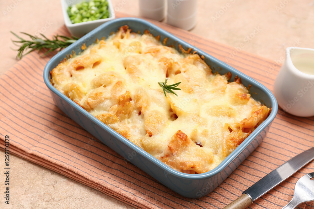 Baking dish with tasty pasta, rosemary and cheese on beige grunge background Baking dish with tasty pasta, rosemary and cheese on beige grunge background
