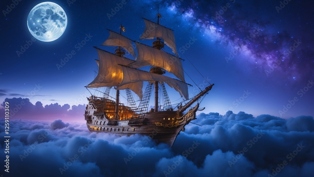 Fototapeta premium Sailing through clouds under a moonlit sky, a magnificent ship captures the essence of adventure and wonder, blending fantasy and maritime history in a cosmic landscape