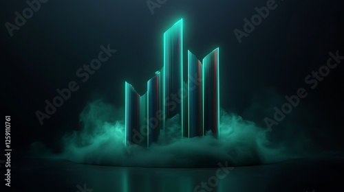 Futuristic city skyline emerging from fog, abstract digital art, tech concept.