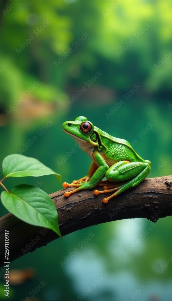 Frog perched on a leafy branch overlooking a lake, landscape, environment, leaf Frog perched on a leafy branch overlooking a lake, landscape, environment, leaf