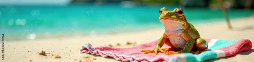 Frog sitting on a beach towel, sun, animal, vacation Frog sitting on a beach towel, sun, animal, vacation