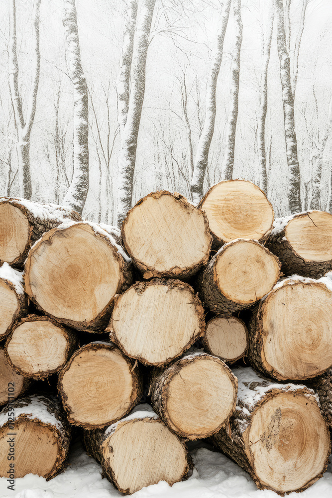 A pile of cut trees against the backdrop of a winter forest. Wood processing industry, deforestation A pile of cut trees against the backdrop of a winter forest. Wood processing industry, deforestation