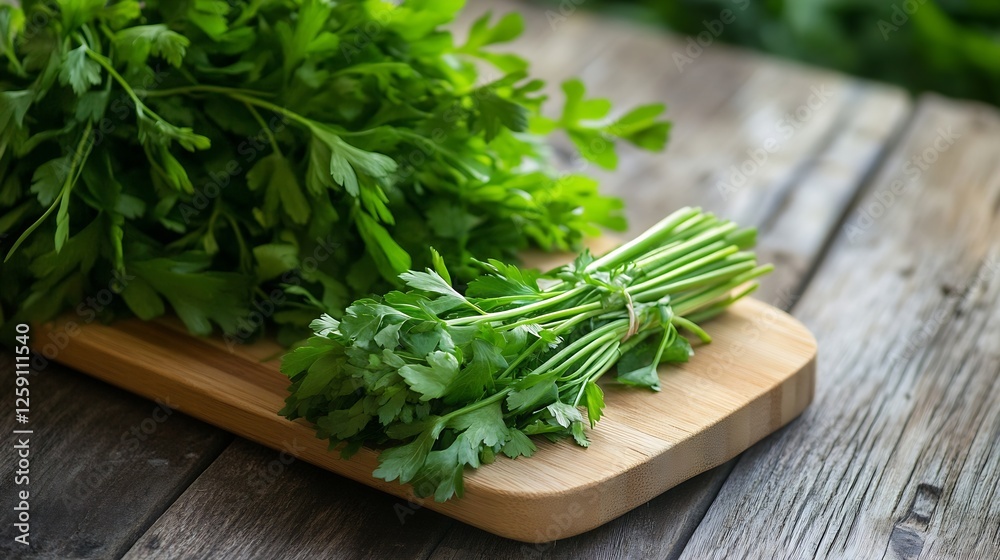 Fresh Green Parsley Bunch on Wooden Cutting Board with Rustic Background : Generative AI Fresh Green Parsley Bunch on Wooden Cutting Board with Rustic Background : Generative AI