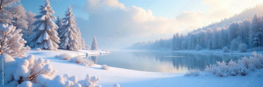 Fototapeta premium Frosty landscape with snow-covered trees and a frozen lake, serene winter scene , frozen lake, serene, winter