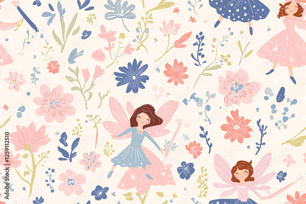 Fairytale pattern with fairies, flowers and magic wands in soft pastel shades, patterns Fairytale pattern with fairies, flowers and magic wands in soft pastel shades, patterns