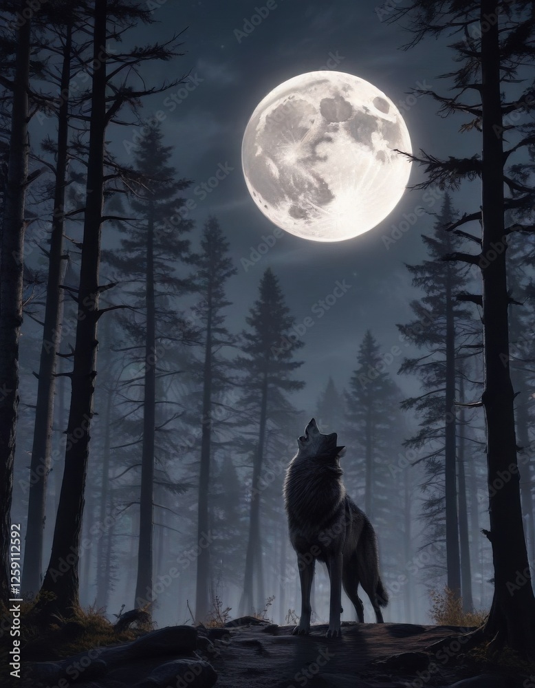 Full moon illuminated forest at dusk with a lone wolf standing upright on its hind legs howling, serene, wildlife, forest Full moon illuminated forest at dusk with a lone wolf standing upright on its hind legs howling, serene, wildlife, forest