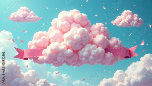 Fanciful cloud shapes with wispy white ribbons and colorful banners, cloud shapes, banner, playful