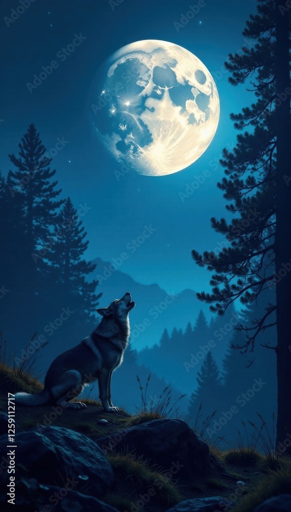 Full moon night forest landscape with a lone wolf howling, night, full moon, forest Full moon night forest landscape with a lone wolf howling, night, full moon, forest
