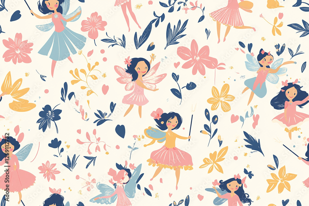 Fairytale pattern with fairies, flowers and magic wands in soft pastel shades, patterns Fairytale pattern with fairies, flowers and magic wands in soft pastel shades, patterns