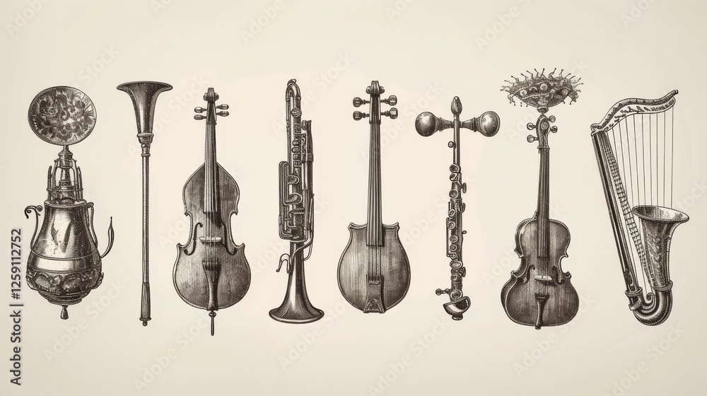 A unique hand-drawn illustration of surreal and hybrid musical instruments, blending classical violins, brass, and woodwind elements in an intricate, vintage engraving style. AI generated.
