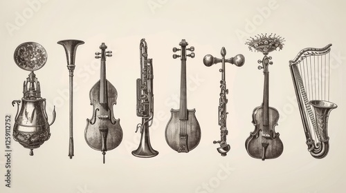 Obraz na płótnie A unique hand-drawn illustration of surreal and hybrid musical instruments, blending classical violins, brass, and woodwind elements in an intricate, vintage engraving style. AI generated. w salonie