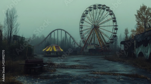 Eerie Abandoned Amusement Park: A Moody Scene Featuring Rusty Rides and Faded Colors, Perfect for Horror Themes