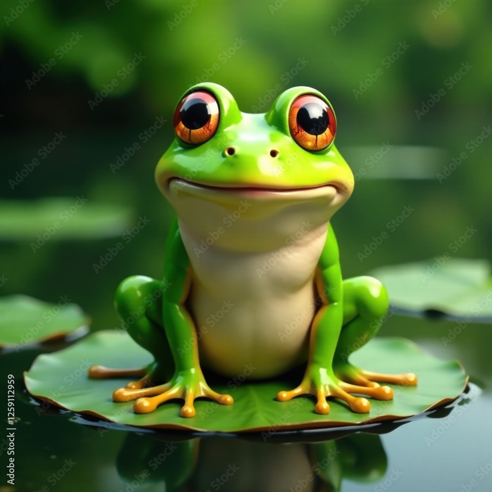 Naklejka premium Funny green frog sitting on a lily pad in a pond with a silly expression , cartoon, frogs, fun