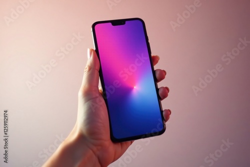 Female hand grasping cell phone with bare minimalistic background, empty space, female hands, design