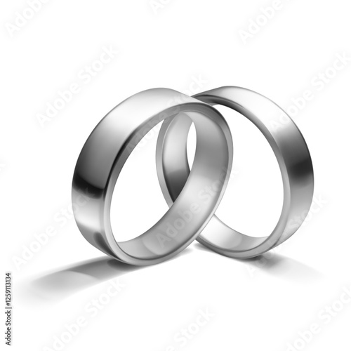 A pair of sleek, shiny, polished silver wedding rings placed side by side, symbolize unity and love. With soft shadow, on white background.