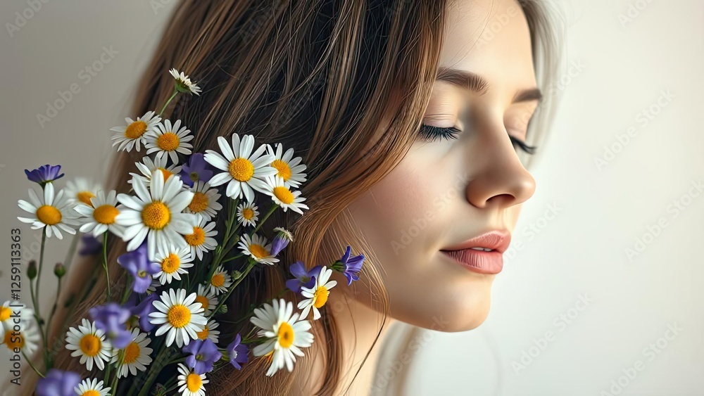 Serene Woman with Daisies in Hair Beauty Skincare Flowers Serene Woman with Daisies in Hair Beauty Skincare Flowers