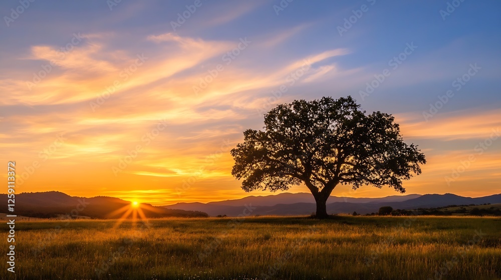 Stunning sunset landscape with a lone tree silhouette against a vibrant sky in a serene field : Generative AI Stunning sunset landscape with a lone tree silhouette against a vibrant sky in a serene field : Generative AI