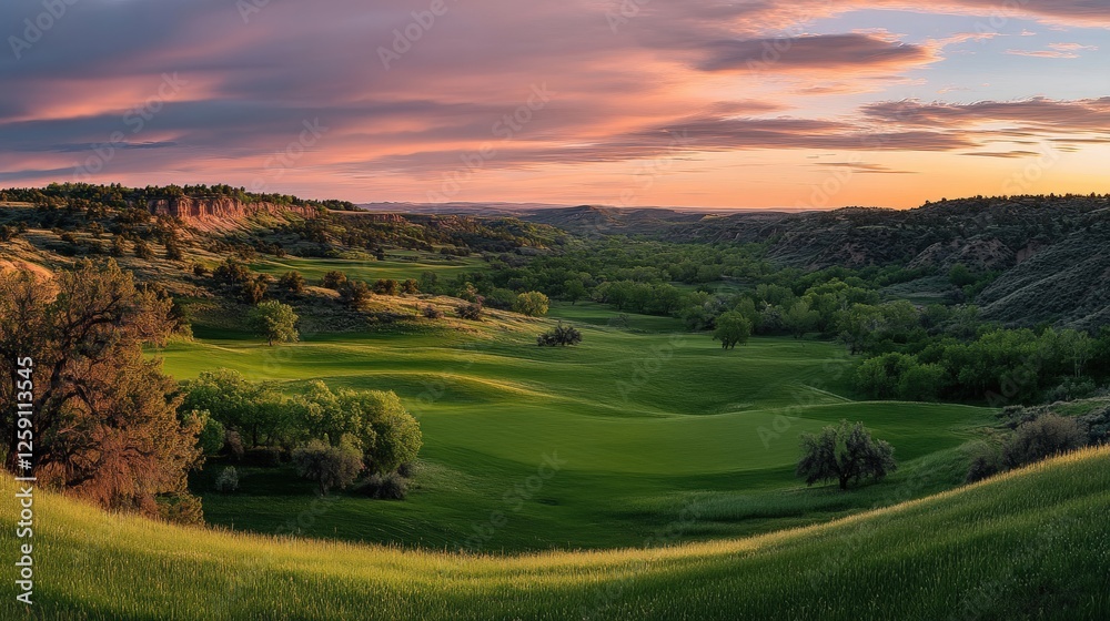 Fototapeta premium A serene rural landscape showcasing lush green rolling hills basking under a golden sunset, exuding a tranquil and picturesque atmosphere reminiscent of pastoral beauty and natural grandeur.