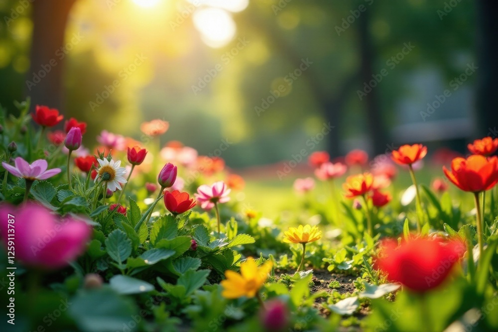 Gentle Morning Light Falls on a Blooming Garden, dawn, flowers, landscape Gentle Morning Light Falls on a Blooming Garden, dawn, flowers, landscape