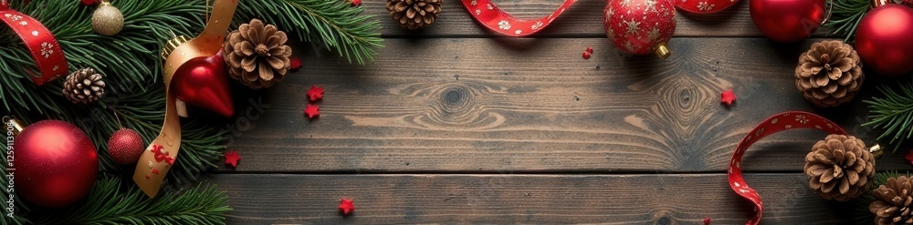 Flat lay of Christmas ornaments, pinecones, and ribbons on a rustic wooden table , holiday, ornaments Flat lay of Christmas ornaments, pinecones, and ribbons on a rustic wooden table , holiday, ornaments