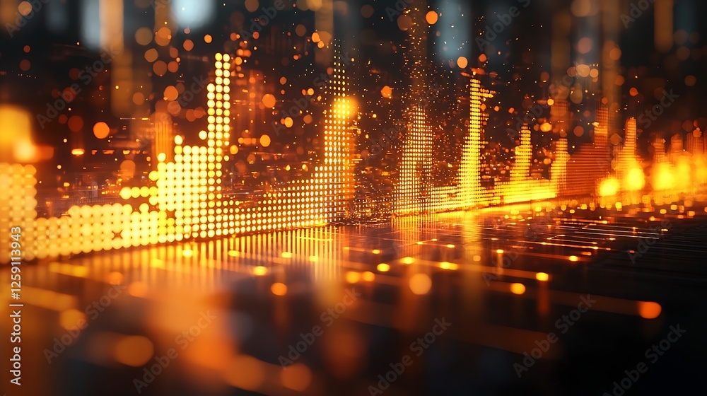 Fototapeta premium Glowing data charts rise in dark city background. Stock photo for finance, technology reports.