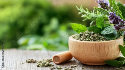 Fresh Green Herbs and Herbs in Wooden Bowl for Healthy Cooking : Generative AI photo