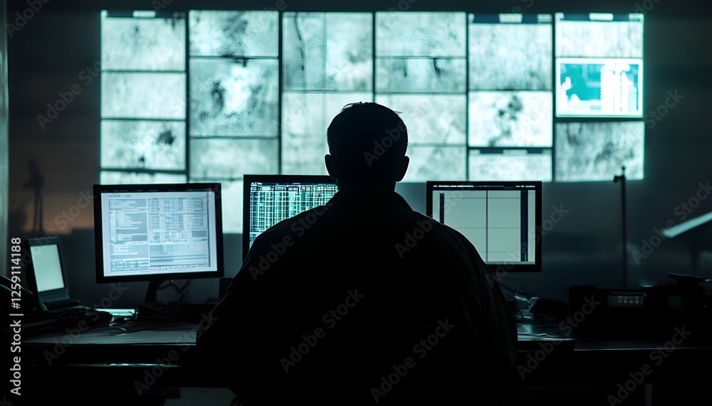A silhouette of a person seated in front of multiple computer screens displaying data and surveillance footage, creating a high-tech atmosphere of monitoring and analysis. A silhouette of a person seated in front of multiple computer screens displaying data and surveillance footage, creating a high-tech atmosphere of monitoring and analysis.